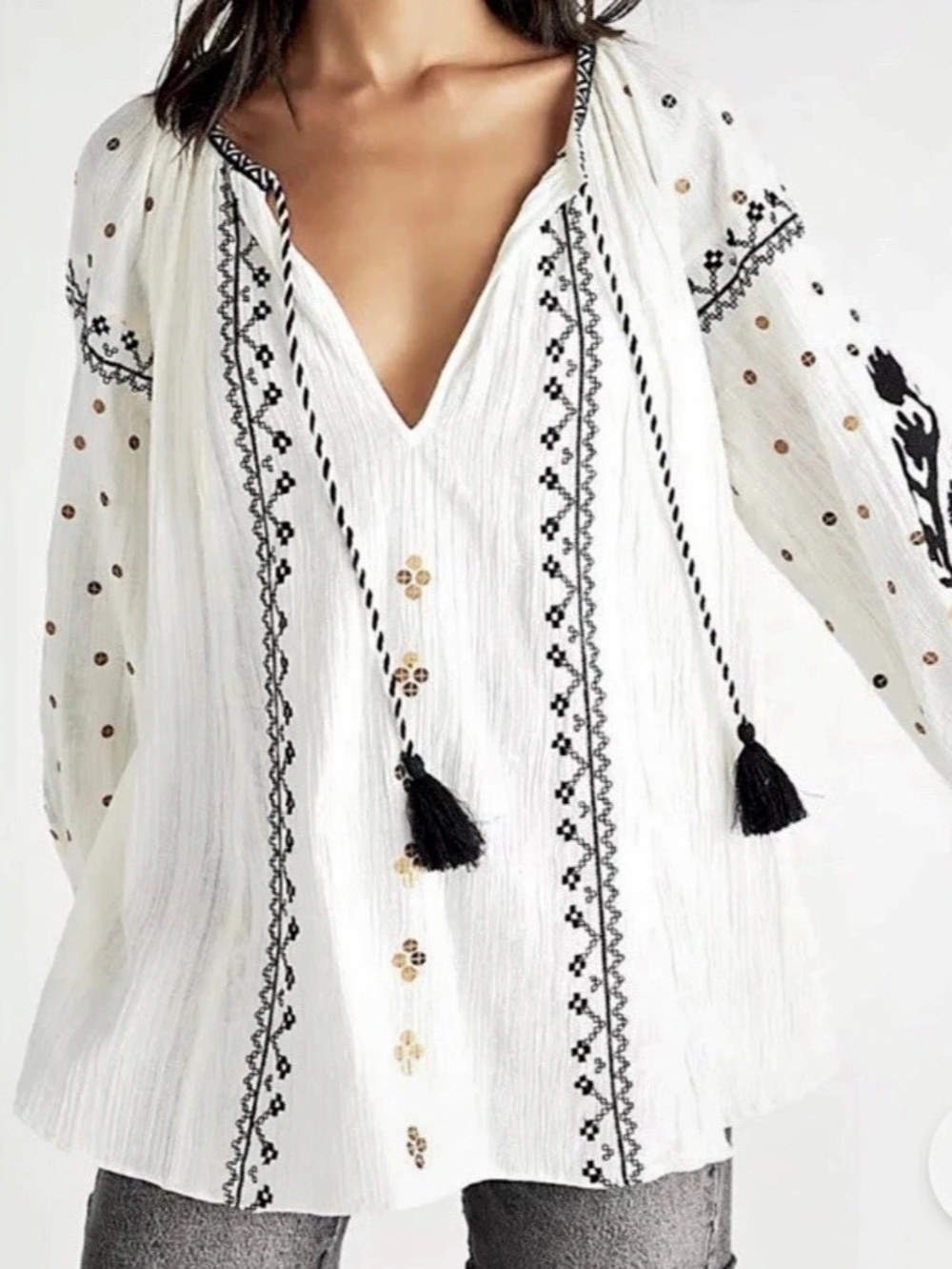 Free People Beach Havana Tunic Embroidered Cotton Blouse in White & Black Size